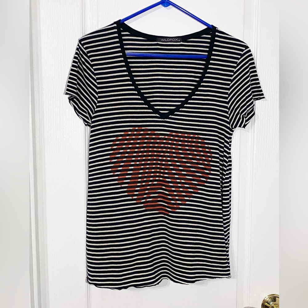 Y2K Wildfox Red Heart Graphic Striped V Neck Tee Black White Size Medium